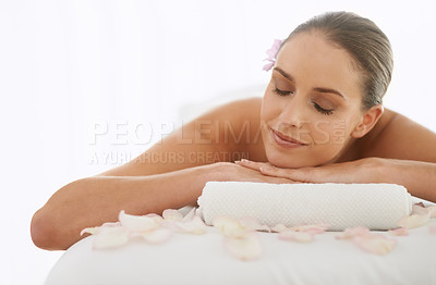 Buy stock photo Relax, massage and woman at spa for sleep with health, wellness and balance with luxury treatment. Self care, peace and girl on table for muscle therapy, comfort and zen body pamper service in mockup