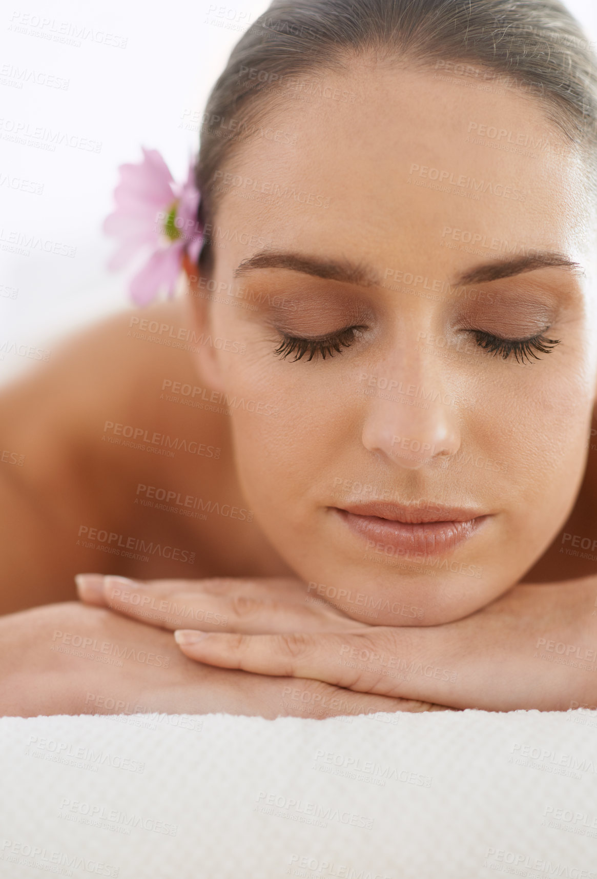Buy stock photo Relax, massage and face of woman at spa for health, wellness and balance with luxury holistic treatment. Self care, zen and girl on table for body therapy, comfort and calm pamper service at hotel