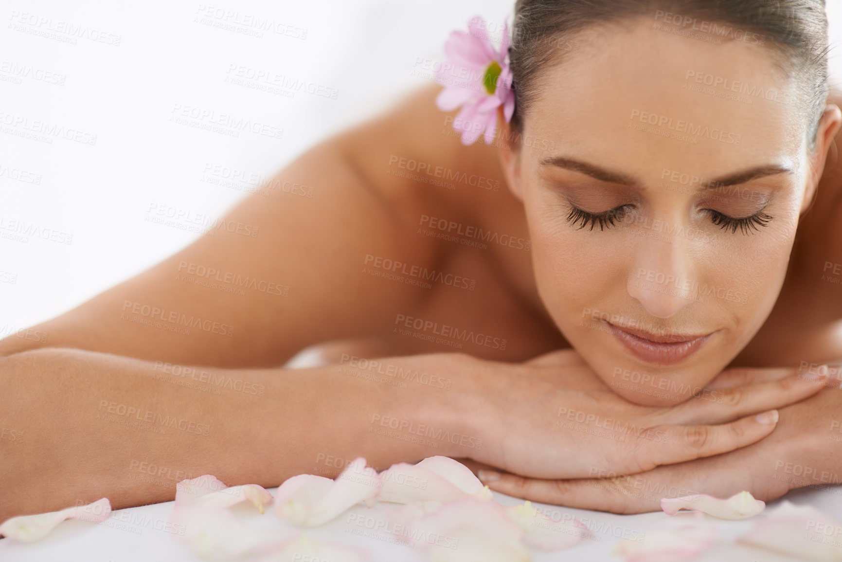 Buy stock photo Relax, massage and face of girl at spa for health, wellness and balance with luxury holistic treatment. Self care, zen and woman on mockup for body therapy, comfort and calm pamper service at hotel
