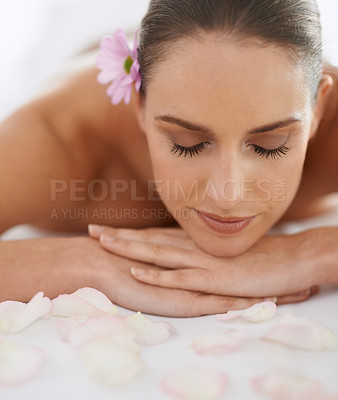 Buy stock photo Zen, massage and face of woman at spa for health, wellness and balance with luxury holistic treatment. Self care, relax and girl on table for body therapy, comfort and calm pamper service at hotel