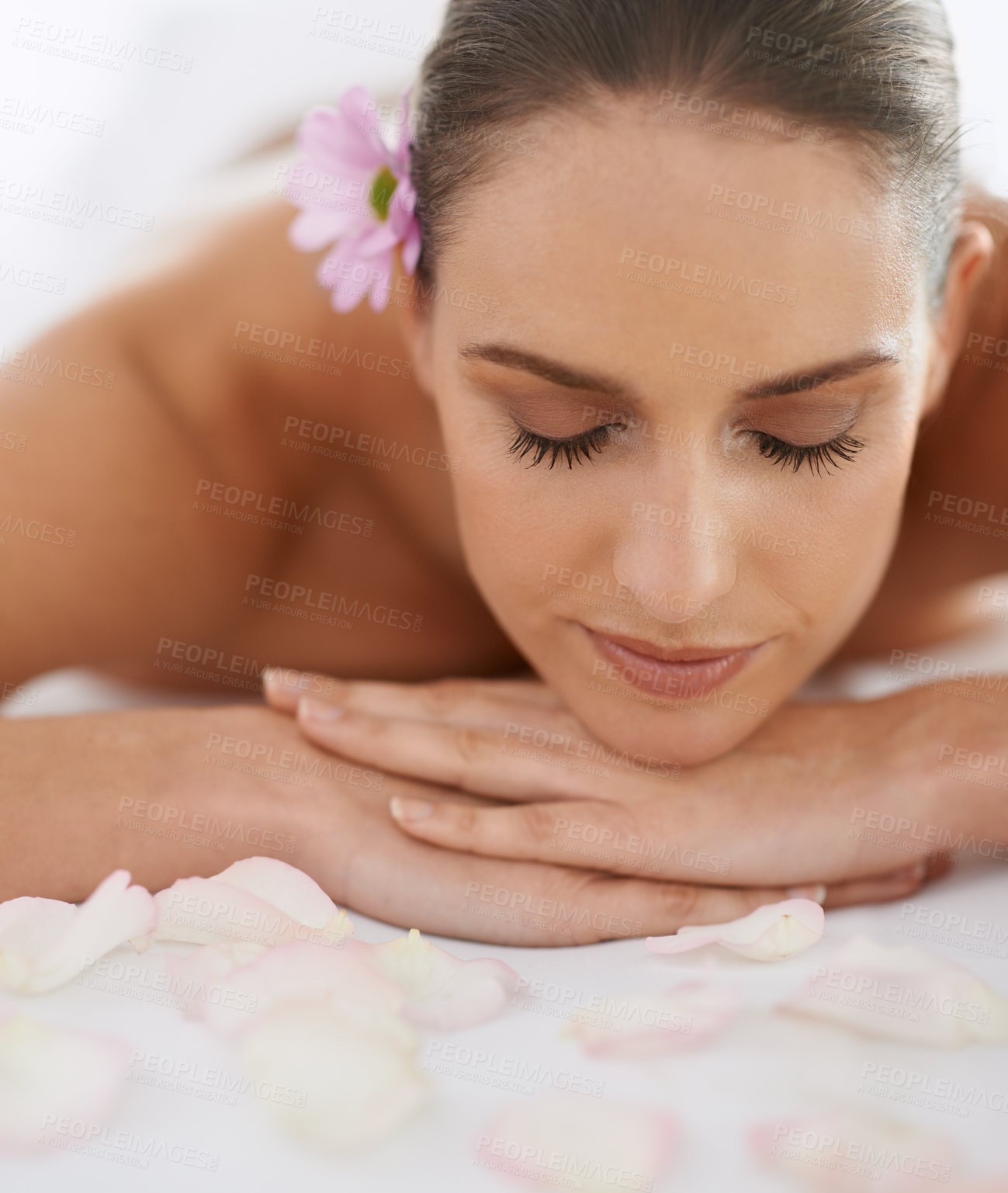 Buy stock photo Zen, massage and face of woman at spa for health, wellness and balance with luxury holistic treatment. Self care, relax and girl on table for body therapy, comfort and calm pamper service at hotel