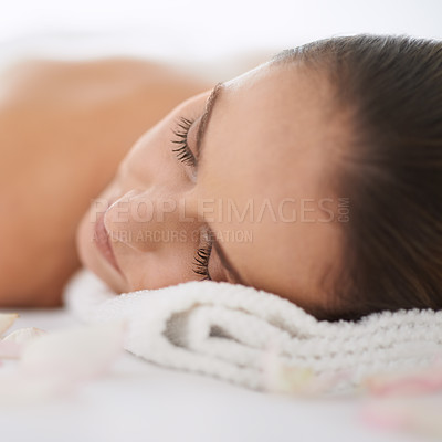 Buy stock photo Sleep, massage and face of woman at spa for health, wellness and balance with luxury holistic treatment. Self care, peace and girl for body therapy, comfort and calm pamper service to relax at hotel