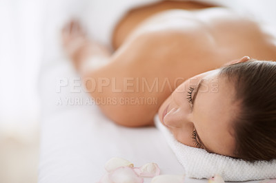 Buy stock photo Relax, massage and girl on bed at spa for health, wellness and balance with luxury holistic treatment. Self care, sleep and woman on table for body therapy, comfort and calm pamper service at hotel