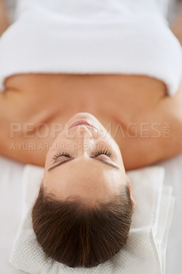 Buy stock photo Relax, massage and woman at spa for sleep, health and wellness with balance in luxury holistic treatment. Self care, peace and girl on bed for body therapy, comfort and calm pamper service at hotel