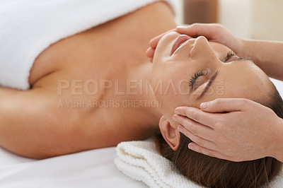 Buy stock photo Woman, hands and facial massage for treatment to relax, cosmetics and beauty therapy for skin care. Female person, calm and serene or dermatology, closeup and rest at hotel and peace or pampering