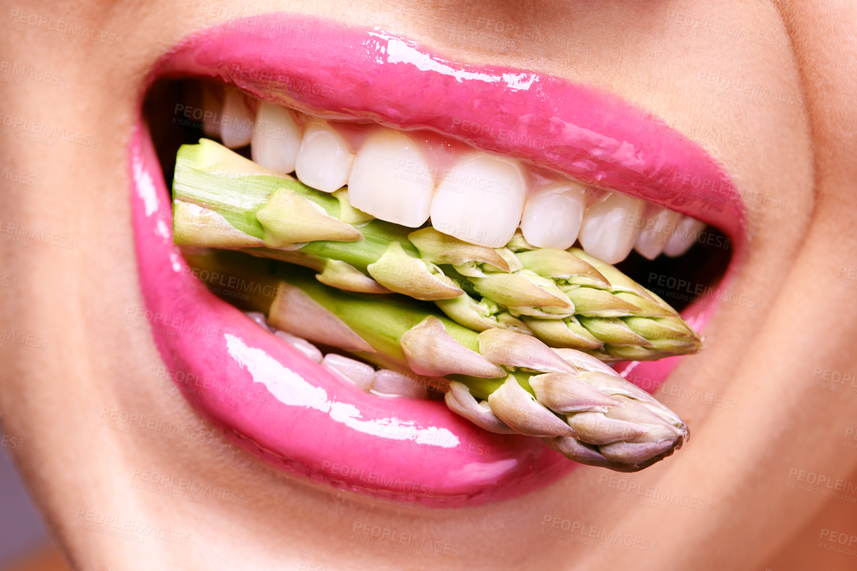 Buy stock photo Woman, lipstick and closeup of vegetable in mouth for beauty, nutrition and healthy with vegan cosmetic product. Cruelty free makeup, cosmetology and asparagus, pink lip gloss for aesthetic or art