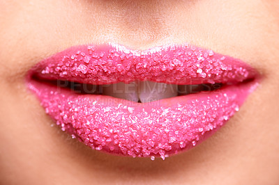 Buy stock photo Woman lips, pink and lipstick with sugar scrub closeup, makeup and beauty with exfoliation sparkle. Bright aesthetic, female model and mouth cosmetics product, cosmetology with cosmetic lip exfoliate
