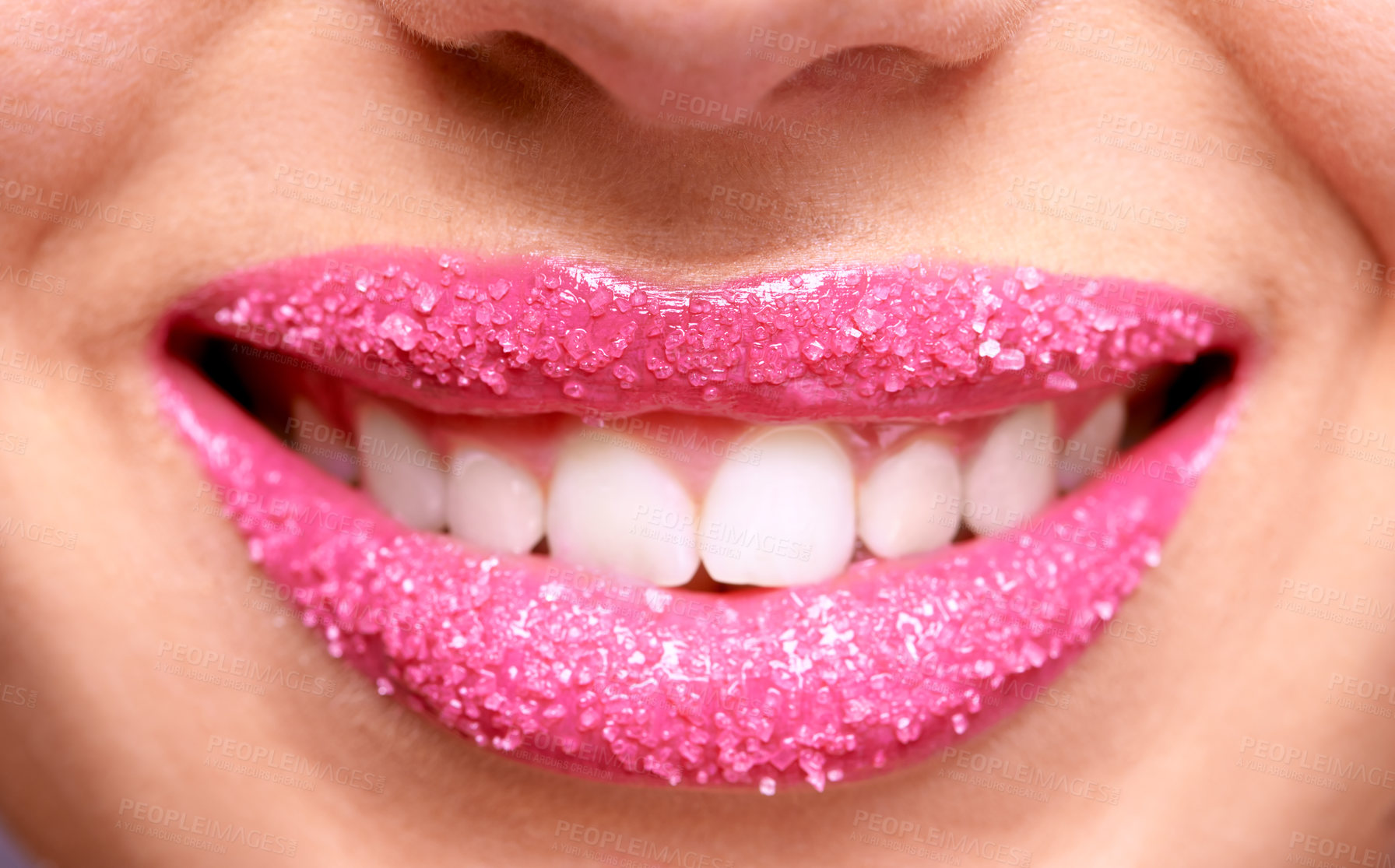 Buy stock photo Happy woman lips, pink lipstick and sugar scrub closeup, makeup and beauty with exfoliation and sparkle. Bright aesthetic, female model mouth and cosmetics product, cosmetology with cosmetic lip care