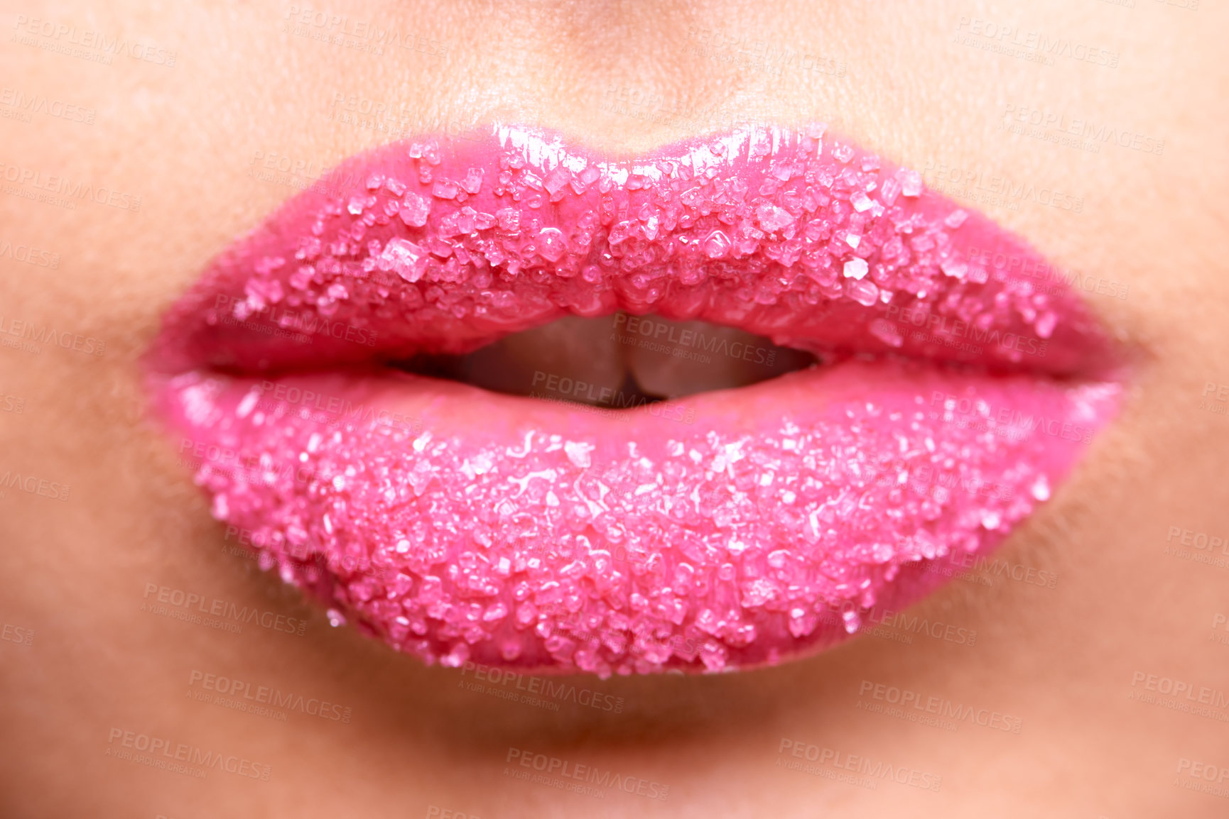 Buy stock photo Woman mouth, pink lipstick and sugar scrub closeup, makeup and beauty with exfoliation and sparkle. Bright aesthetic, female model lips and cosmetics product, cosmetology with cosmetic lip care