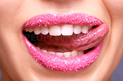 Buy stock photo Lipstick, sugar and woman with tongue out, beauty and makeup with creativity and scrub for exfoliation treatment. Sweet, flirt and lick for fun and pink aesthetic, art and cosmetology with cosmetics