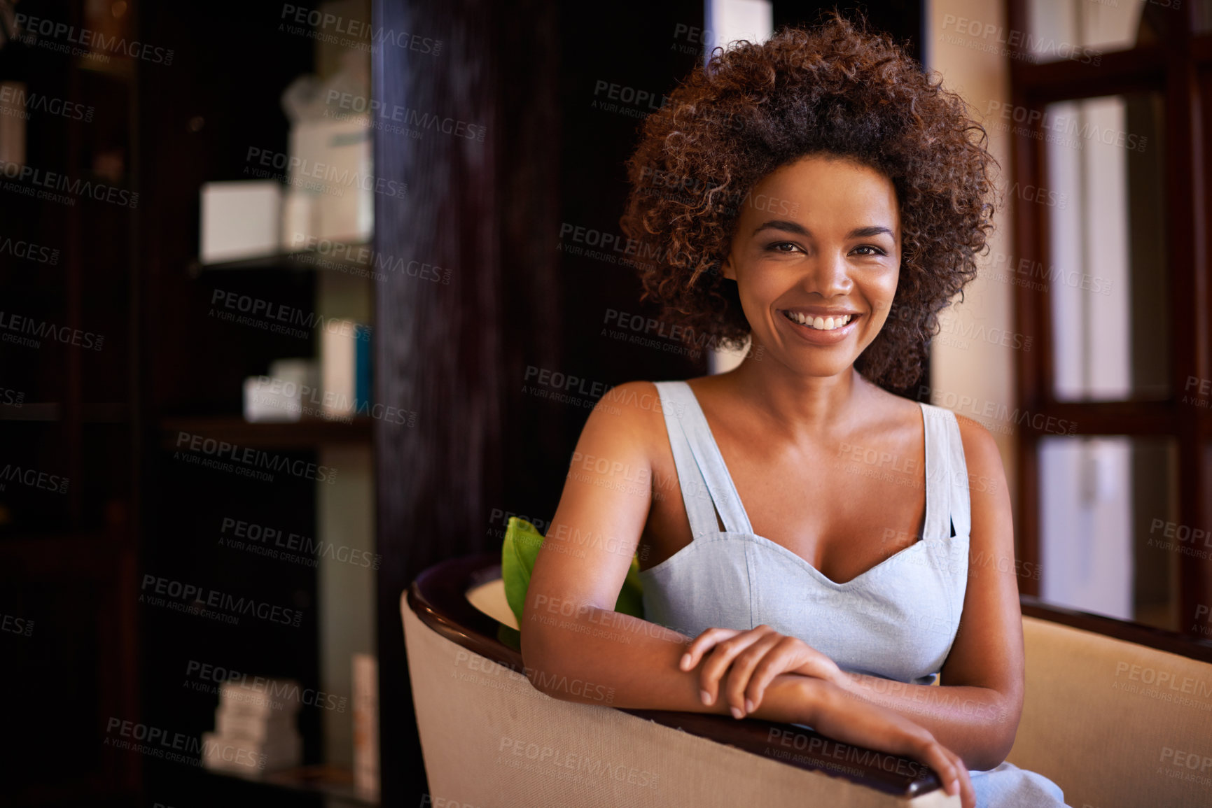 Buy stock photo Woman, smile and portrait for relax and happy in home or indoor on weekend and alone on break and joyful. African person and attractive for peace, rest or chill in living room or house on mockup
