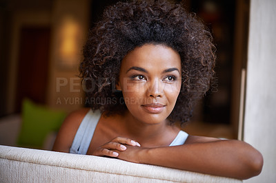 Buy stock photo Woman, smile and thinking for relax and happy in home or indoor on weekend and alone on break and joyful. African person and attractive for peace, rest or chill in living room or house on sofa