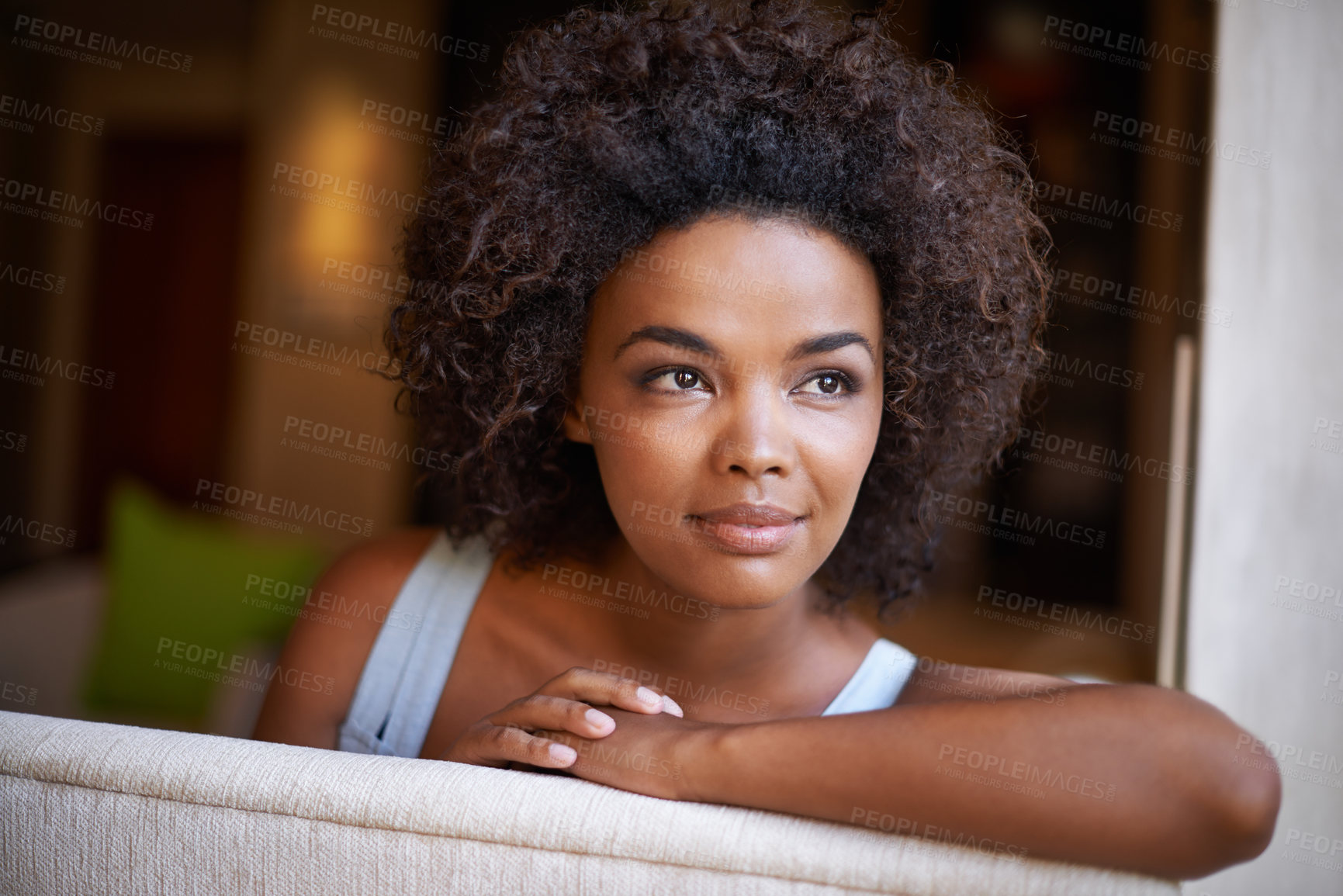 Buy stock photo Woman, smile and thinking for relax and happy in home or indoor on weekend and alone on break and joyful. African person and attractive for peace, rest or chill in living room or house on sofa