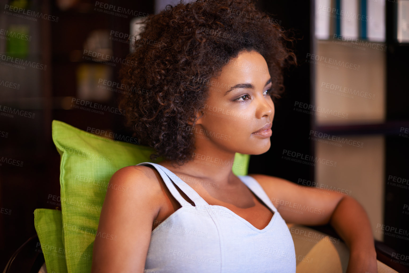 Buy stock photo Woman, thinking and relax for idea in home or indoor on couch and comfy on break or weekend on mockup. African person, attractive and pensive for peace, rest or chill in living room or house on sofa