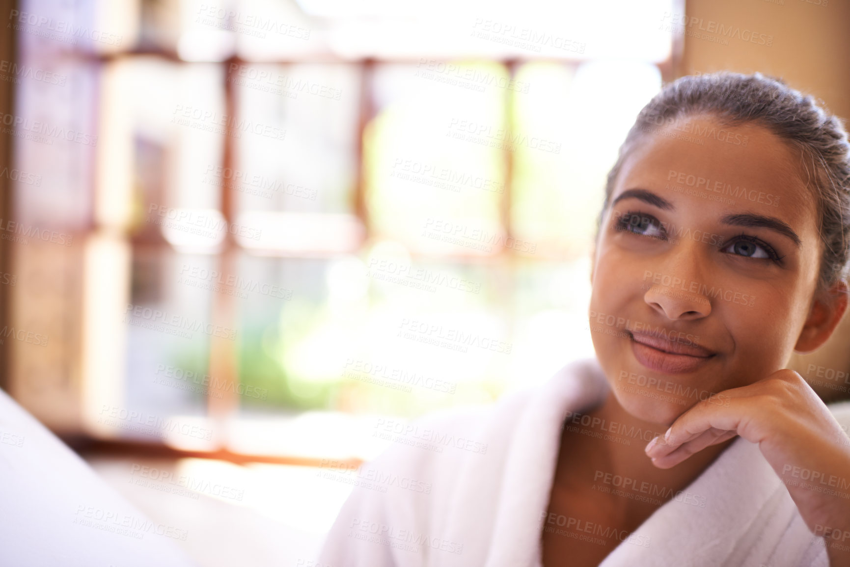 Buy stock photo Spa, thinking and woman with wellness, holiday and vacation with getaway trip and adventure. Person, hospitality industry and girl with luxury and bathrobe with peace and hotel with weekend break