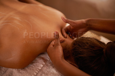 Buy stock photo Woman, hands and massage on bed at hotel spa for peace, stress relief and luxury wellness. Relax, masseuse and zen female client with body care for vacation, holiday and calm physical therapy