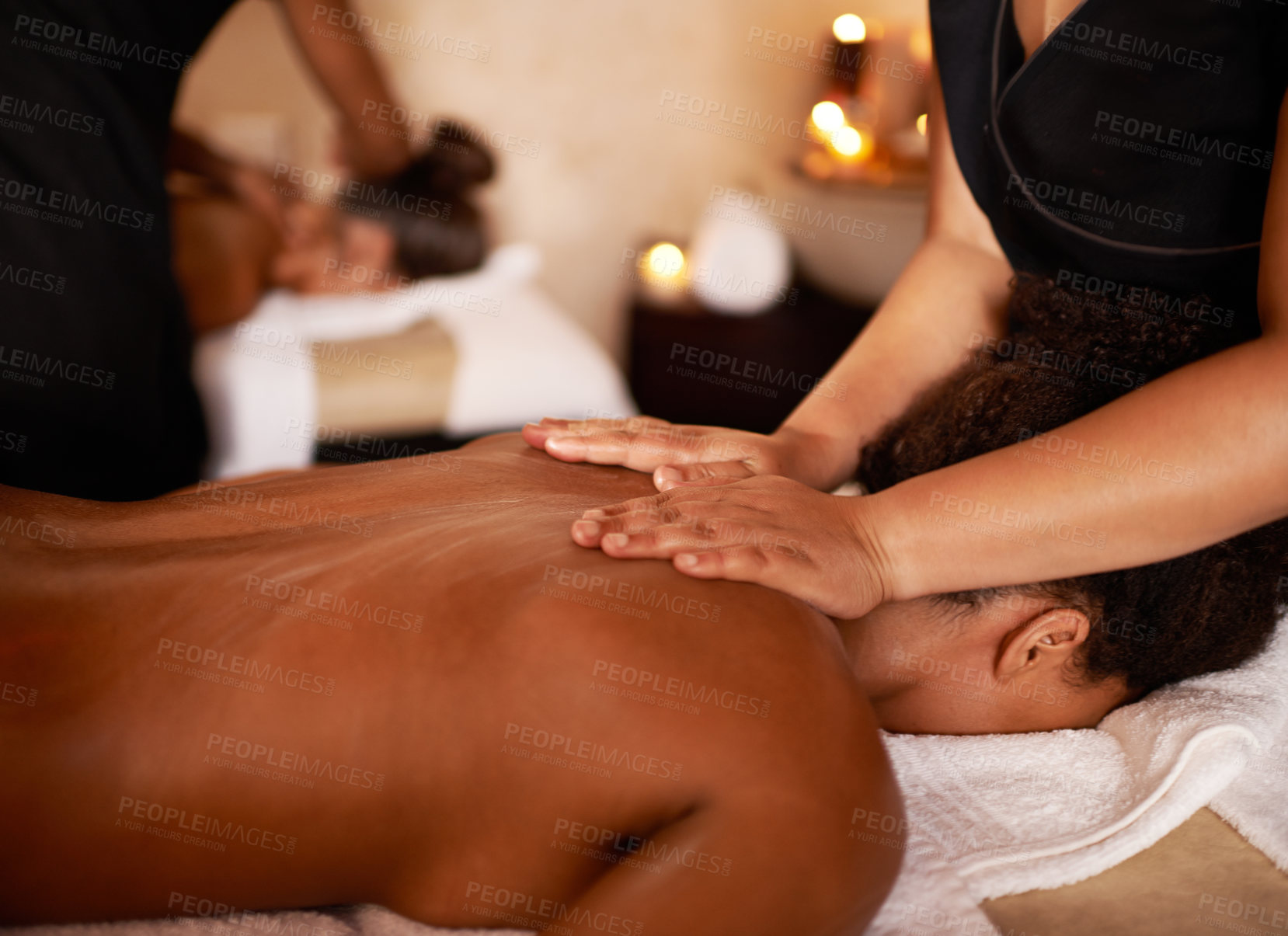 Buy stock photo Masseuse, hands and woman on bed with peace, stress relief and luxury wellness at hotel. Physical therapy, relax and zen female client with back massage for vacation, holiday and calm body care