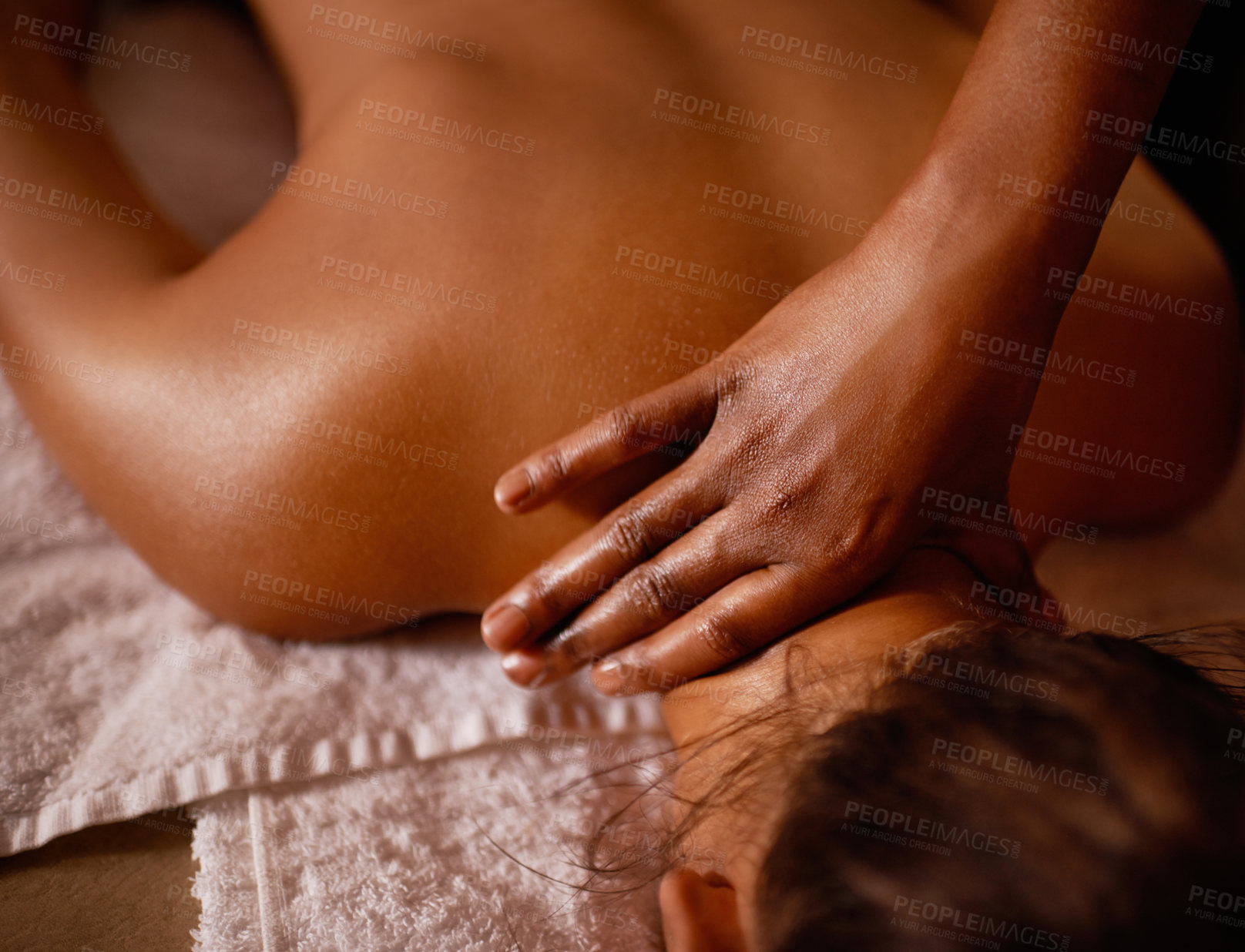 Buy stock photo Spa, hand and back massage with woman on bed for luxury pampering, stress relief or treatment from above. Skincare, relax and wellness with customer at resort or salon for holistic therapy closeup