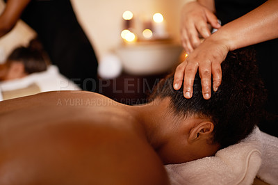 Buy stock photo Woman, masseuse and head massage on bed with hospitality, peace and luxury stress relief at hotel. Relax, wellness and zen female client at hotel spa for vacation, holiday and calm body care