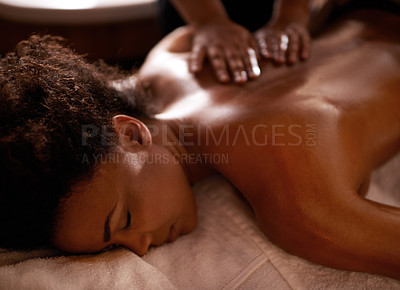 Buy stock photo Massage, relax and wellness with black woman at spa on bed or table for luxury pamper treatment. Beauty, peace and therapy with back of young customer at resort or salon for holistic healing closeup