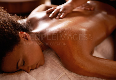 Buy stock photo Hands, woman and relax at spa for massage, wellness and skin care for luxury, therapy and peace. Female person, lady and health for lifestyle, body and beauty on table, calm and natural wellbeing