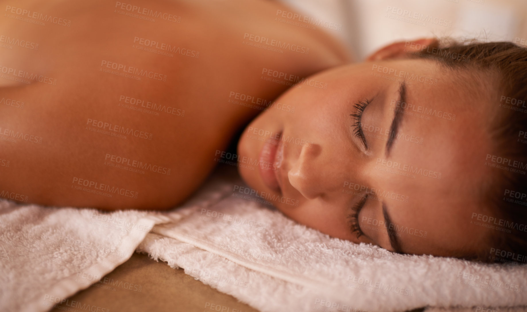 Buy stock photo Wellness, calm and woman in spa for peace or vitality with wellbeing, luxury and pamper for body care or treatment. Female person, resort and carefree after massage therapy for stress relief to relax