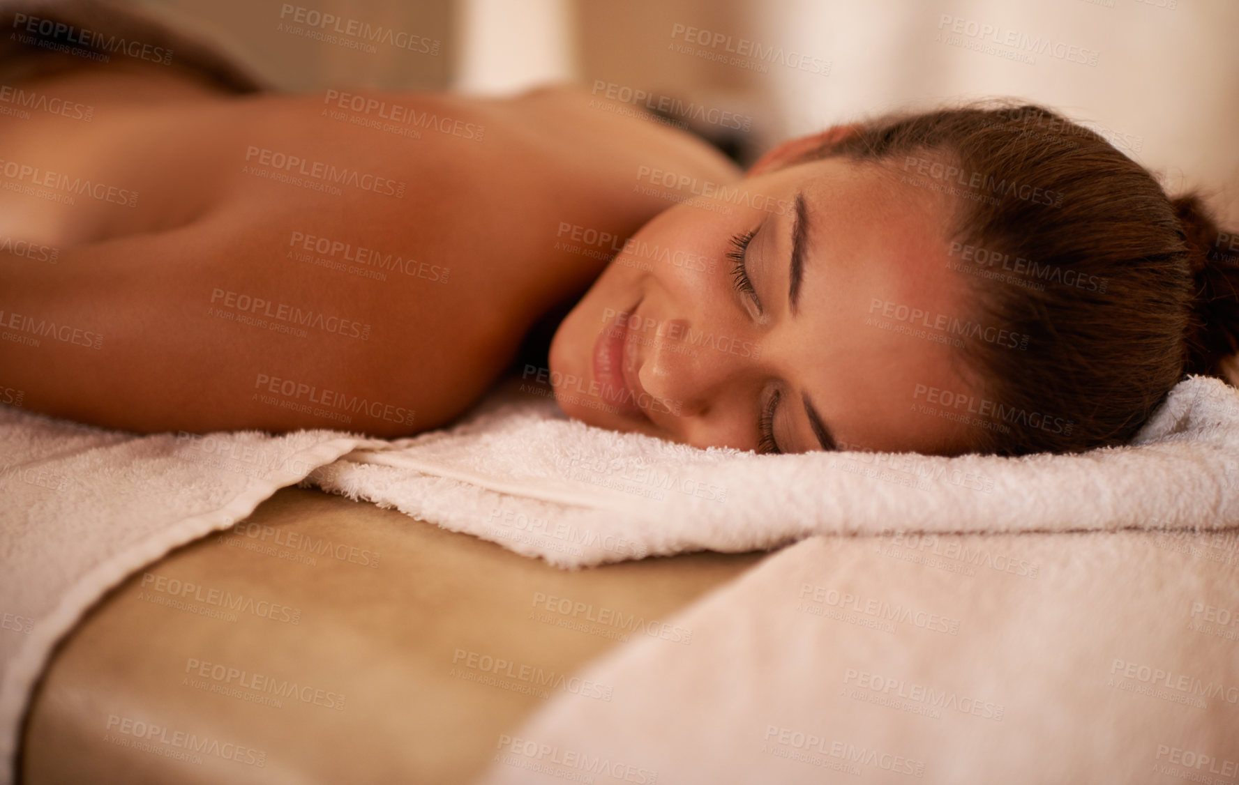Buy stock photo Peace, calm and woman in spa to relax for vitality or wellbeing, luxury and pamper for body care or treatment. Female person, resort and carefree after massage therapy for wellness and relaxation.