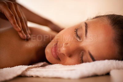 Buy stock photo Hands, woman and wellness at spa for massage, health and skin care for luxury, physical therapy and peace. Female person, happy and relaxed for back, body and wellbeing on table, calm or natural