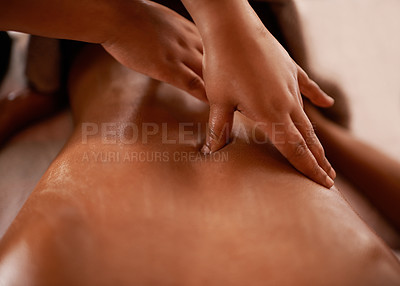 Buy stock photo Back, hands, and client with massage, spa and stress relief with luxury and wellness with hospitality industry. People, masseuse and customer on a table, hotel and vacation with treatment or grooming