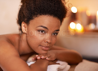 Buy stock photo Spa, thinking and woman with peace, relax and vacation with getaway trip and adventure. Person, hospitality industry and girl with luxury or aesthetic with wellness and skincare with holiday or hotel