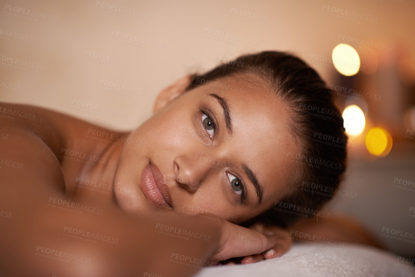 Buy stock photo Portrait, peace and woman in spa for wellness or vitality for wellbeing, luxury and pamper for body care or treatment. Female person, relax and calm or carefree for stress relief and massage therapy.