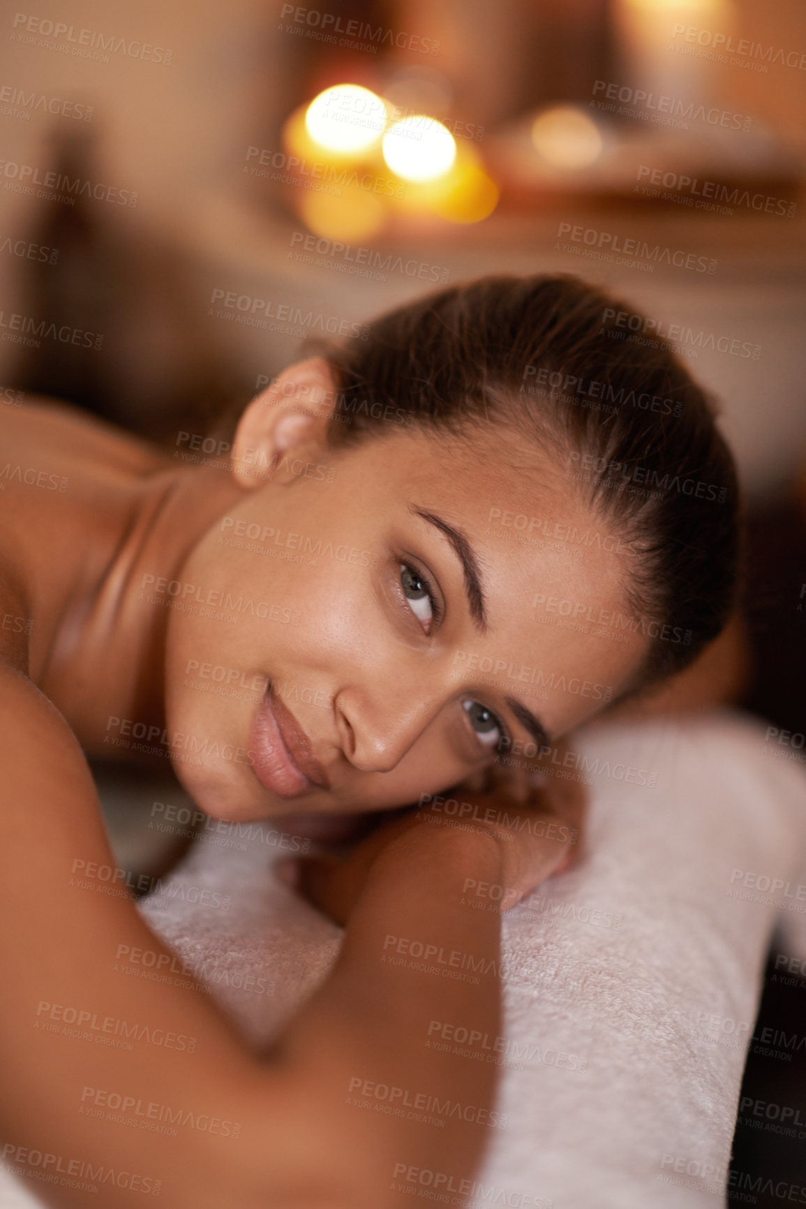 Buy stock photo Portrait, zen and woman in spa to relax for vitality or wellbeing, luxury and pamper for body care or treatment. Female person, resort and calm or carefree for stress relief and wellness with therapy