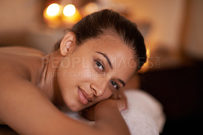 Buy stock photo Portrait, wellness and woman in spa to relax for vitality or wellbeing, luxury and pamper for body care or treatment. Female person, resort and calm or carefree for stress relief, peace and therapy.