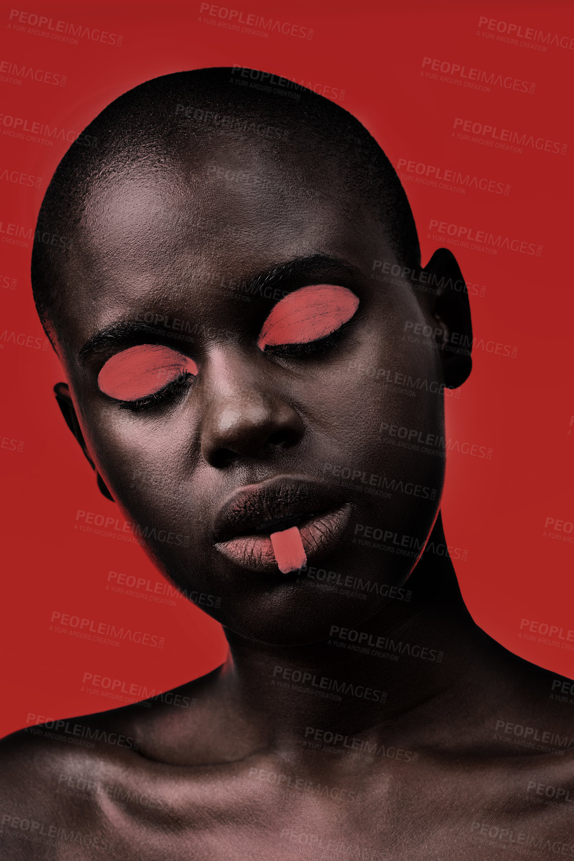 Buy stock photo Black woman, makeup and aesthetic with beauty, skin and creative with studio and color. Model, closeup and face paint for artistic, contrast and cosmetics for glamour isolated on red background