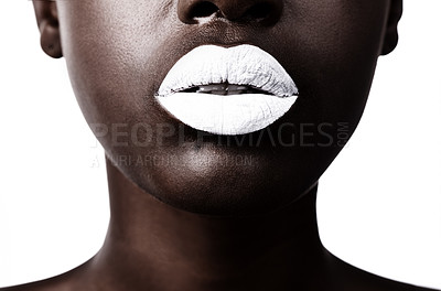 Buy stock photo Black woman, makeup and cosmetics with lips, skin and creative with studio and color. Model, closeup and face paint for artistic, contrast and aesthetic for glamour isolated on white background
