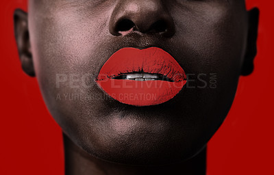 Buy stock photo Cropped shot of a woman's face showing the lower half only on a red background