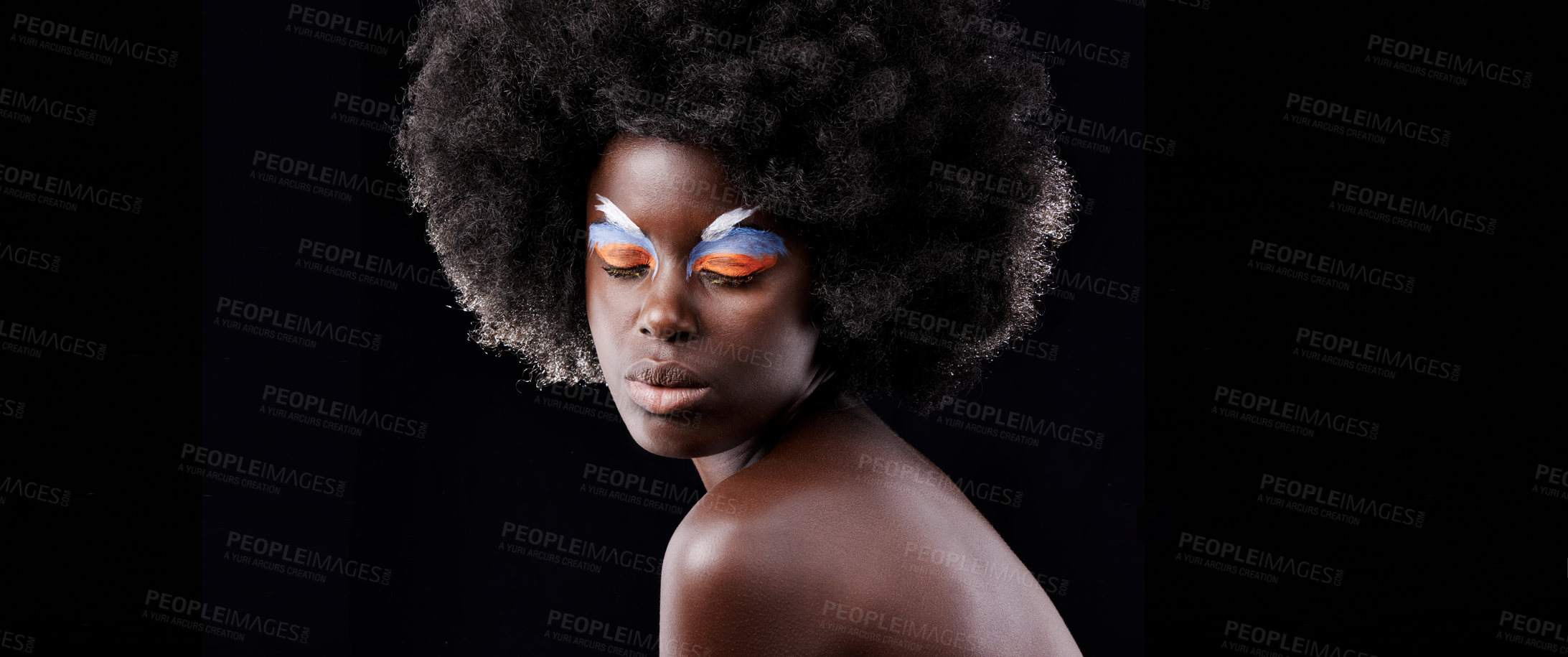 Buy stock photo African woman, makeup and eyeshadow with beauty, skin and creative with studio and color. Model, closeup and face paint for artistic, contrast and aesthetic for glamour isolated on black background