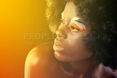 Buy stock photo Beauty, eyeshadow and studio for black woman person, art and concept on dark background. Afro, colourful and makeup on face of Nigerian female model, flare and afro for cosmetic and creative concept
