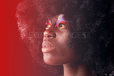 Buy stock photo Face, beauty and makeup with black woman in colorful studio on dark background for creative wellness. Skincare, cosmetics and red light with confident young afro model for natural dermatology