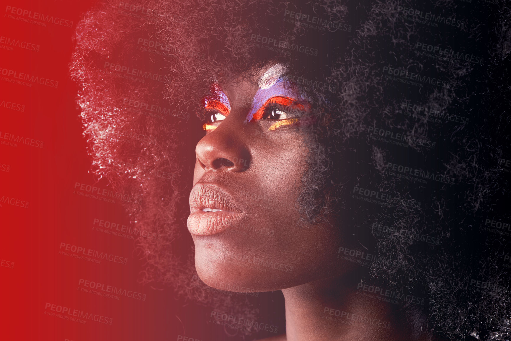 Buy stock photo Face, beauty and makeup with black woman in colorful studio on dark background for creative wellness. Skincare, cosmetics and red light with confident young afro model for natural dermatology