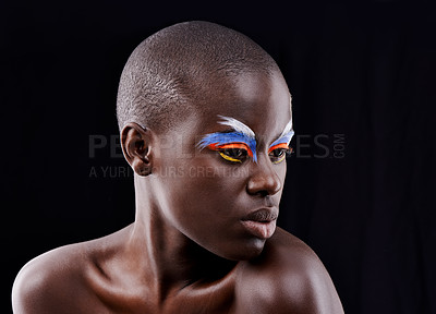 Buy stock photo African model, makeup and eyeshadow with beauty, skin and creative with studio and color. Woman, closeup and face paint for artistic, contrast and aesthetic for glamour isolated on black background