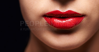 Buy stock photo Cosmetics, red lipstick and closeup of woman lips with trendy, beauty and face treatment. Mouth, makeup and zoom of female person with gloss for shine, glow or facial for cosmetology routine.