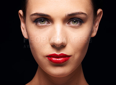 Buy stock photo Portrait, beauty and cosmetic for female person, makeup and cosmetology on studio background. Mascara, glamour and skincare wellness or dermatology, face and glow with confidence for woman model  