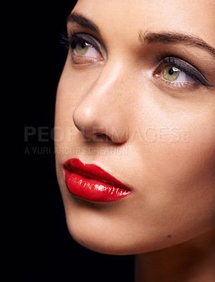 Buy stock photo Beauty, cosmetic and makeup on closeup, female person and lipstick on studio background. Mascara, glamour and skincare for cosmetology treatment, face and glow with confidence for woman model 