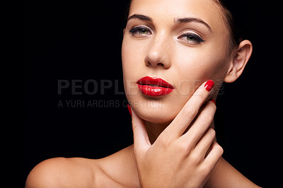 Buy stock photo Cosmetics, manicure and portrait of woman in studio with trendy, beauty and face routine with red lips. Makeup, nail polish and female model with facial cosmetology treatment by black background.