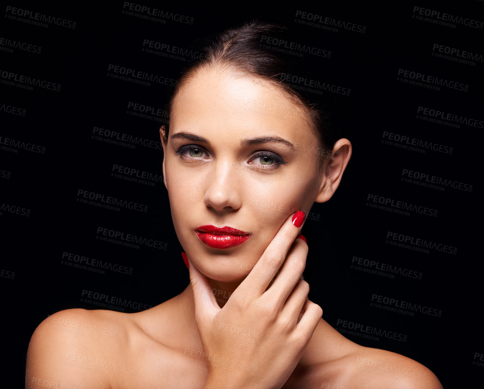 Buy stock photo Beauty, cosmetic and hand for female person, cosmetology and lipstick on studio background. Makeup, manicure and skincare for salon treatment, face and glow with confidence at spa for woman model 