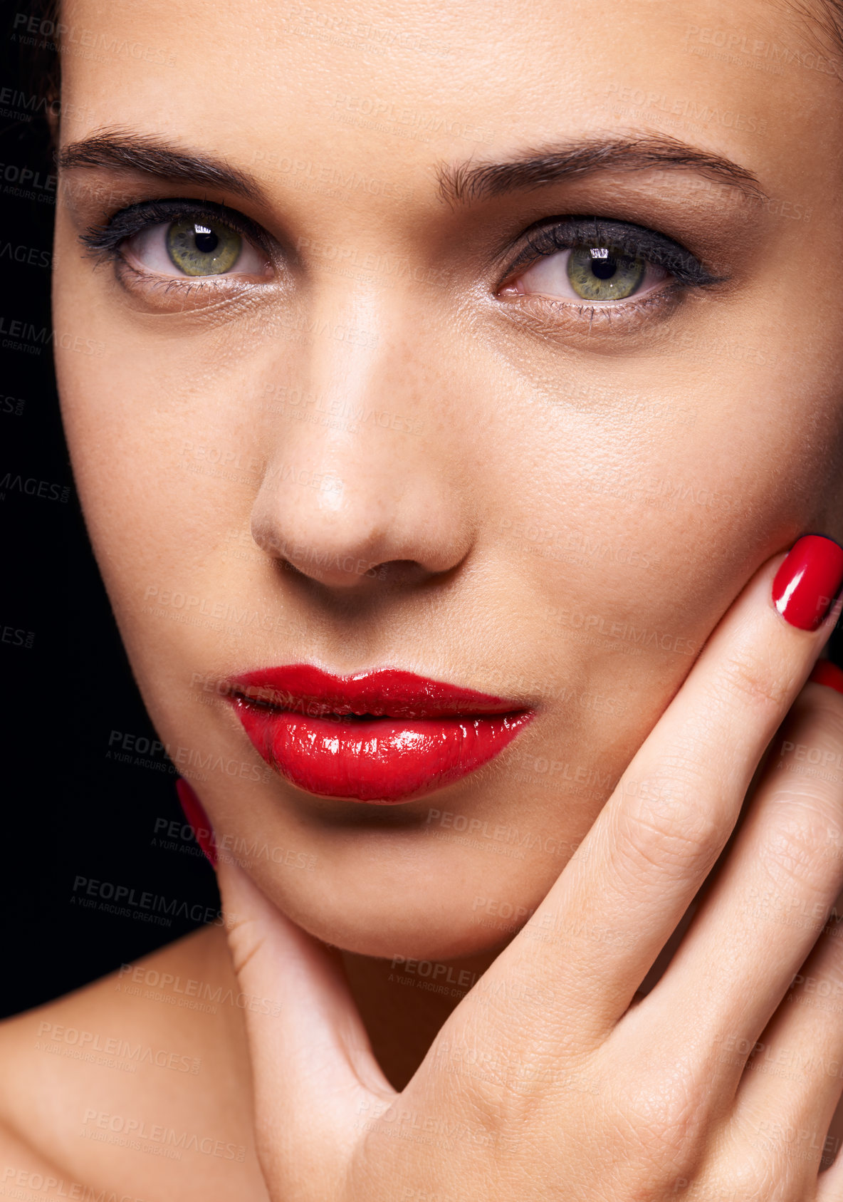 Buy stock photo Beauty, manicure and portrait of woman in studio with trendy, makeup and face routine with red lips. Cosmetics, nail polish and female model with facial cosmetology treatment by black background.