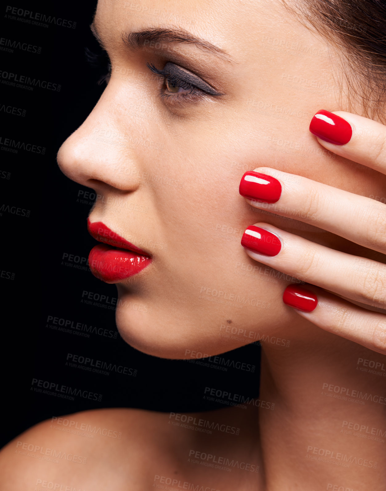 Buy stock photo Makeup, manicure and young woman in studio with trendy, beauty and face routine with red lips. Cosmetics, nail polish and profile of female model with facial cosmetology treatment by black background