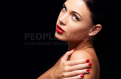 Buy stock photo Woman, beauty and model lipstick in studio, cosmetic and make up with nail polish for stylish elegant and edgy. Cosmetology for female person with spa manicure, natural or skincare for vibrant colour