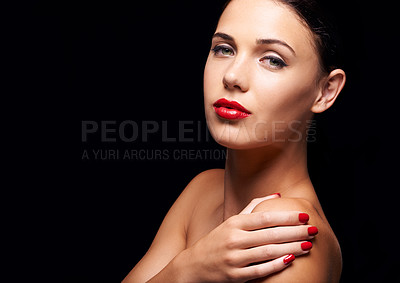 Buy stock photo Woman, beauty and red lipstick in studio, cosmetic and makeup with nail polish for stylish, elegant and edgy model. Cosmetology for female person with spa manicure, skincare with vibrant colour